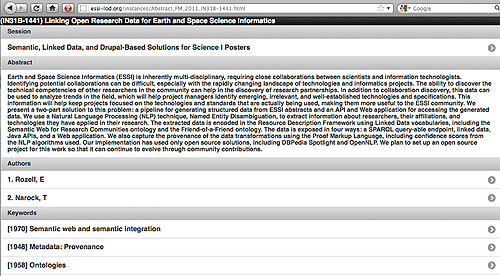 Fig.1. A web interface to ESSI-LOD. This tool is based on open source software and allows browsing of the linked data. Session, Authors, and Keywords are all links and allow users to interactively explore the linked data graph.